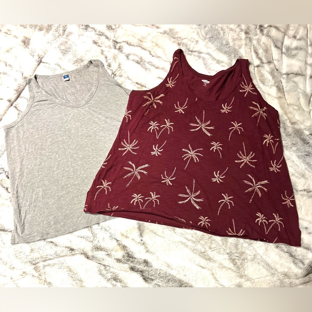 Old Navy Maroon Palm-Print Tank Top and Gray Tank 2X